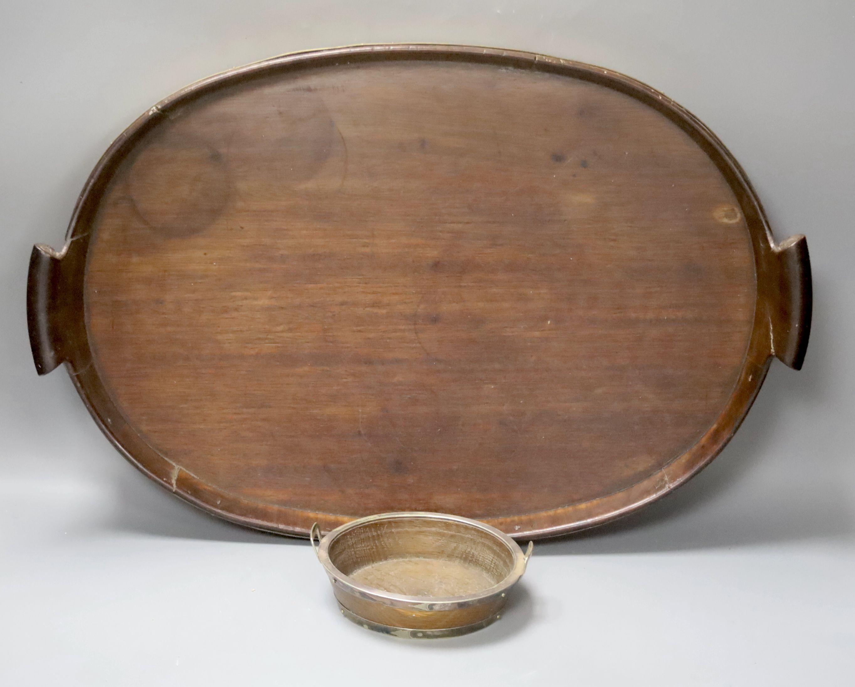 A George III brass bound oval tray and a small Victorian oak oak tray 52cm